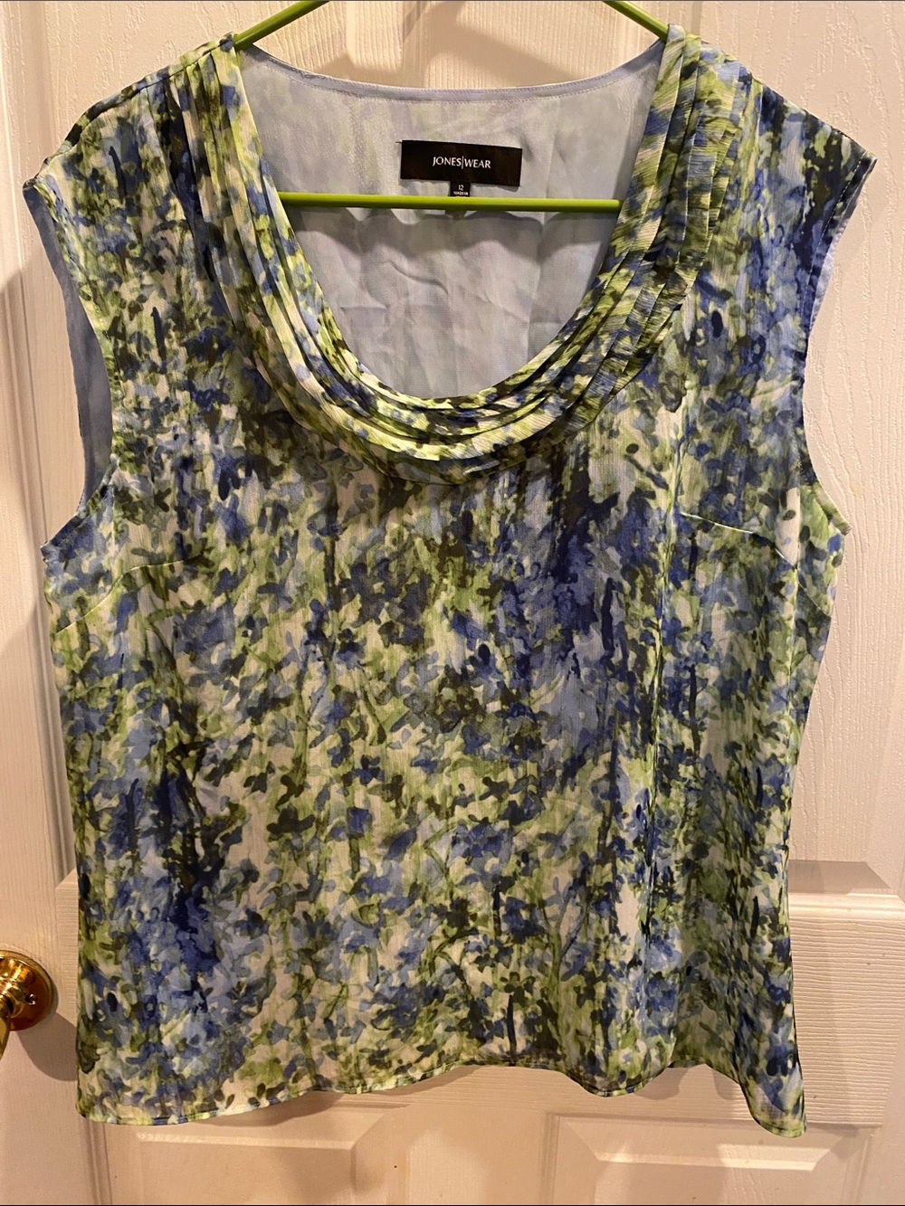 Jones New York Blue and Green Watercolor Floral Cowl-Neck Sleeveless Top